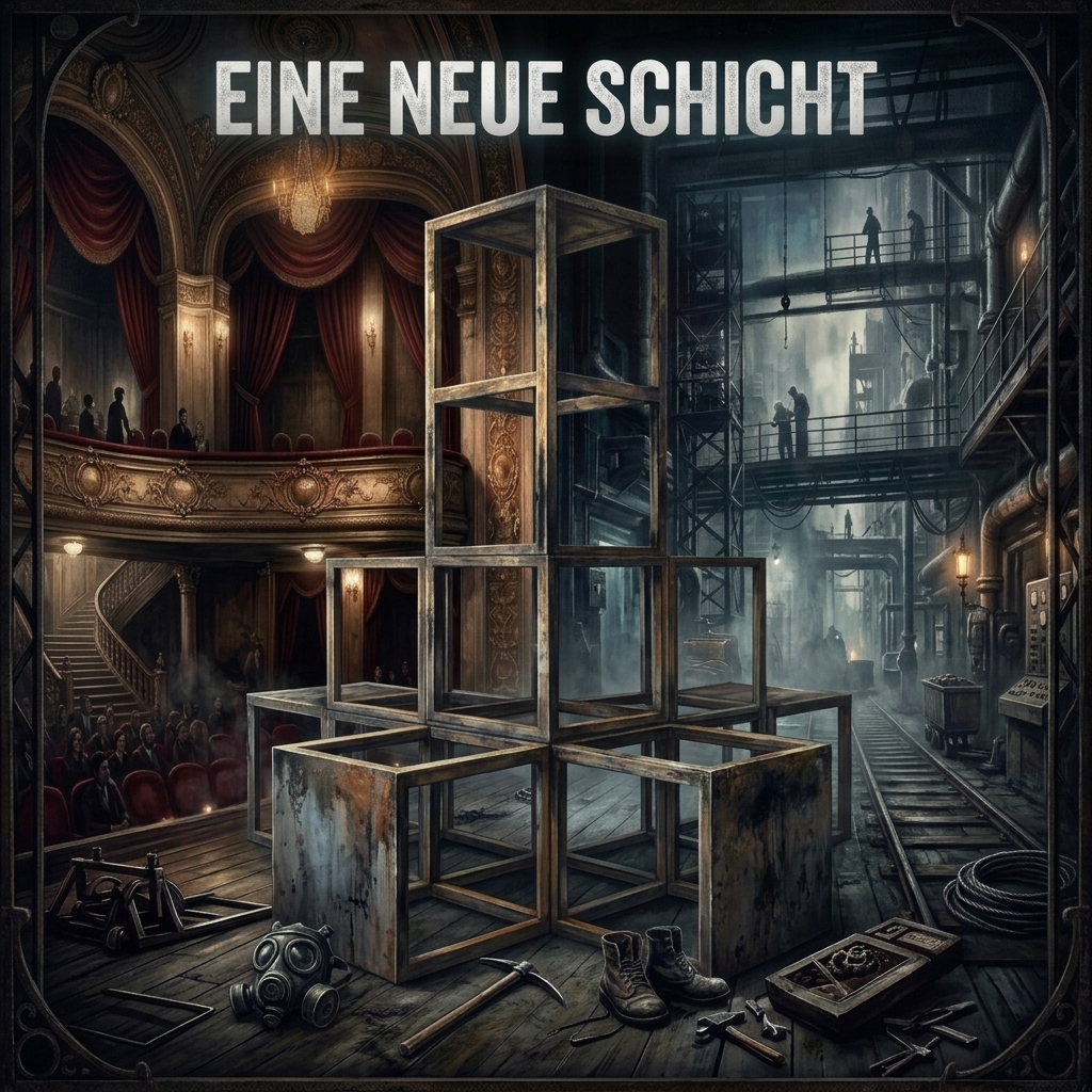 Cover des Hörspiels Eine neue Schicht: ein Theatersaal mit roten Vorhängen und Rängen, daneben ein dunkler Maschinenraum mit Werkbank, Kassette und Spitzhacke.