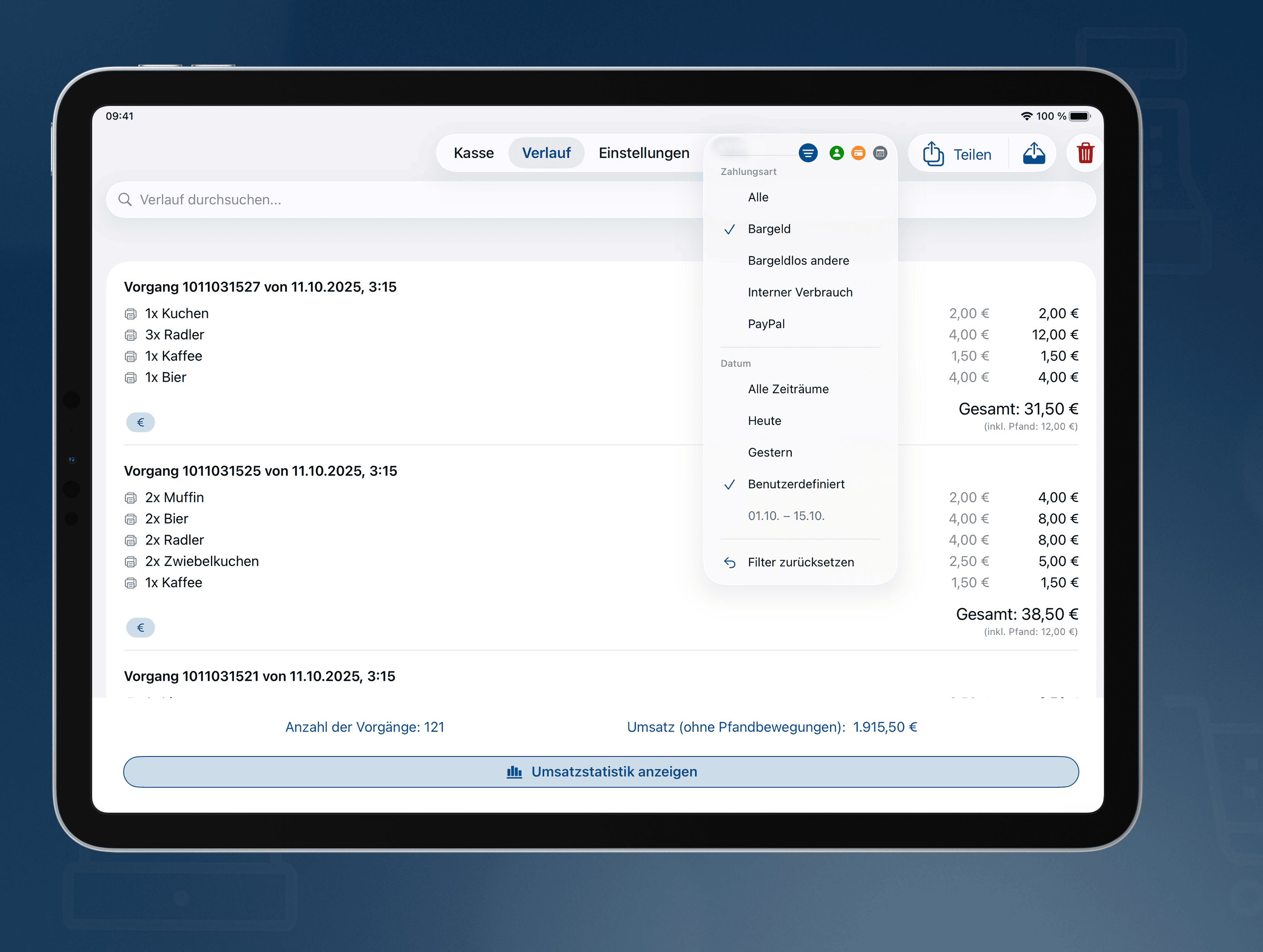 Übersicht über vergangene Verkäufe und Transaktionen in der Festkasse App