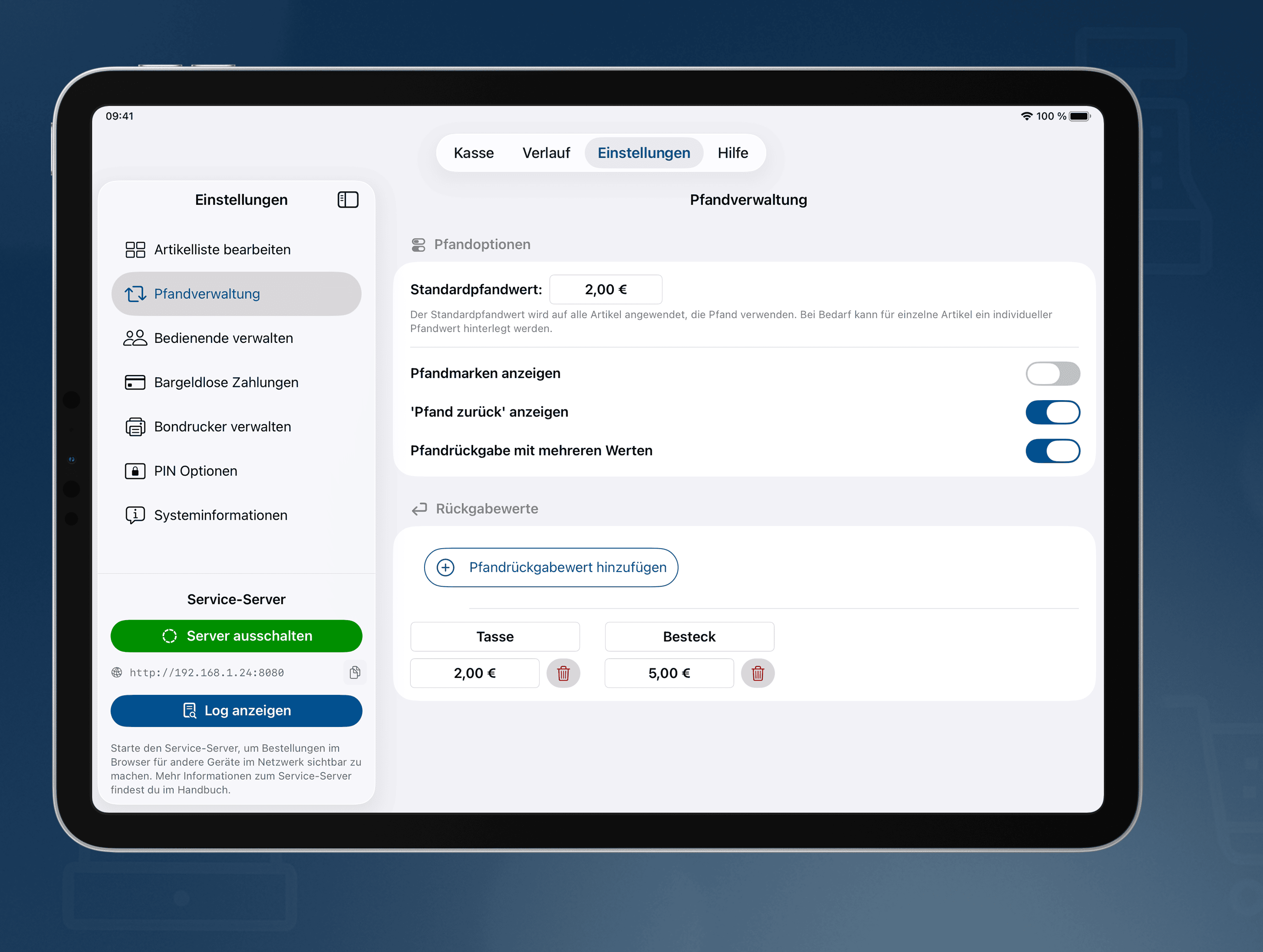 Pfandübersicht zur Nachverfolgung von Pfandbewegungen in der Festkasse App